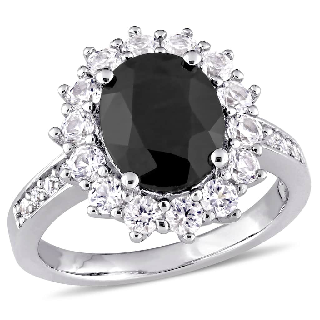 Miadora Sterling Silver Oval-Cut Black Sapphire and Created White Sapphire Halo Ring - Blue