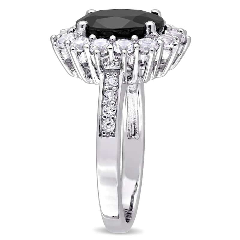 Miadora Sterling Silver Oval-Cut Black Sapphire and Created White Sapphire Halo Ring - Blue