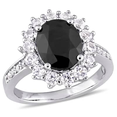 Miadora Sterling Silver Oval-Cut Black Sapphire and Created White Sapphire Halo Ring - Blue