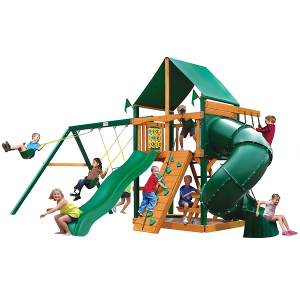 Gorilla Playsets Mountaineer Cedar Swing Set with Green Vinyl Canopy and Timber Shield Posts