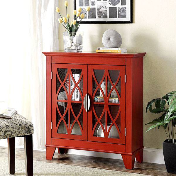 Shop Transitional Design Red Accent Cabinet With Decorative Glass