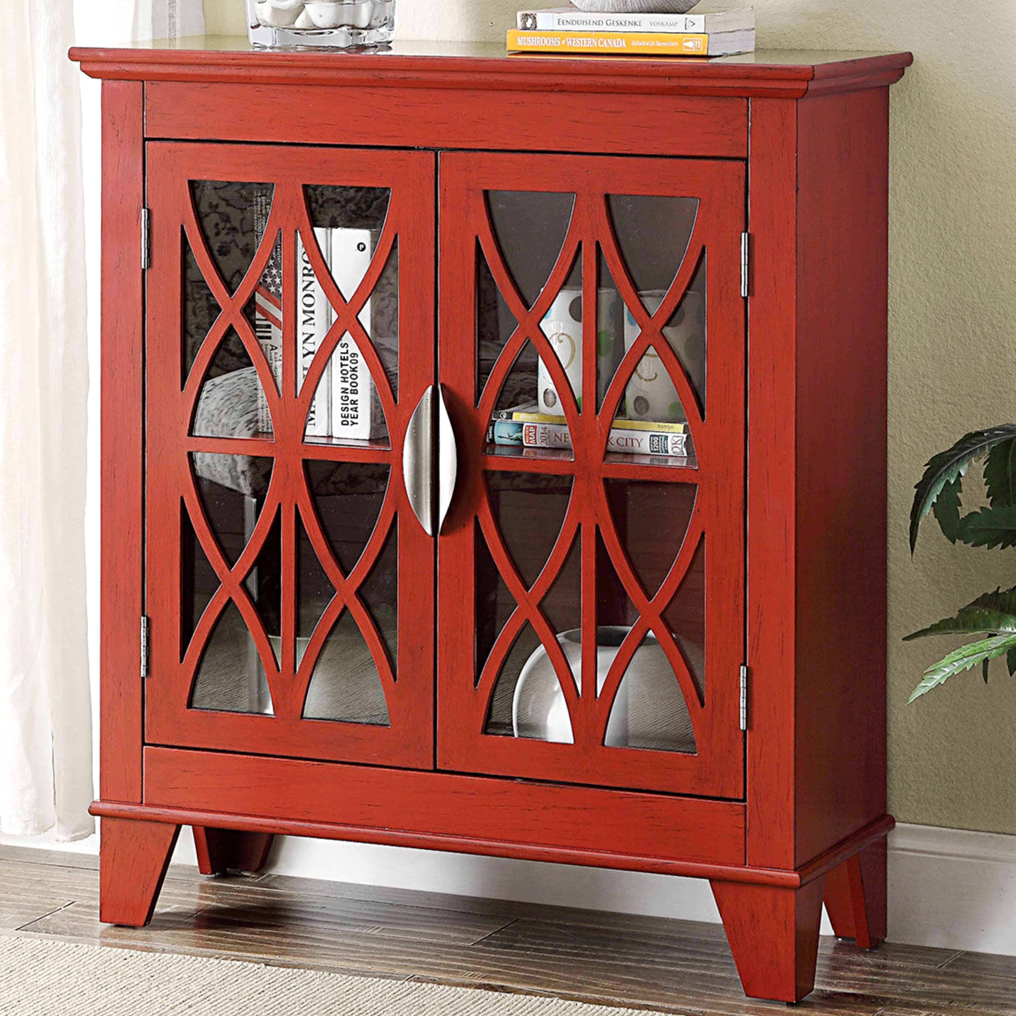 Shop Transitional Design Red Accent Cabinet With Decorative Glass