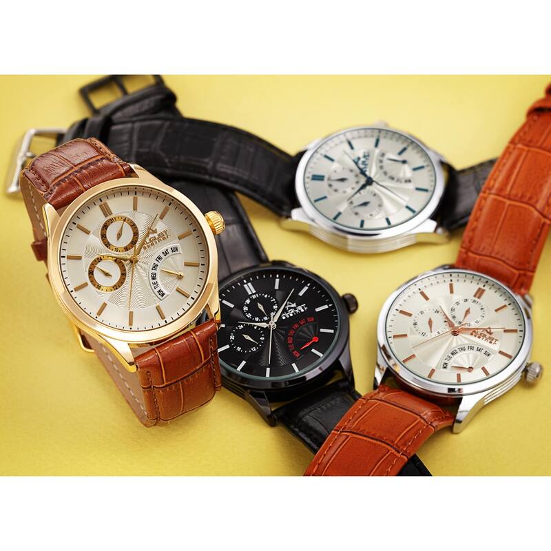 August Steiner Men's Multifunction Dual Time Retrograde Leather Strap Watch