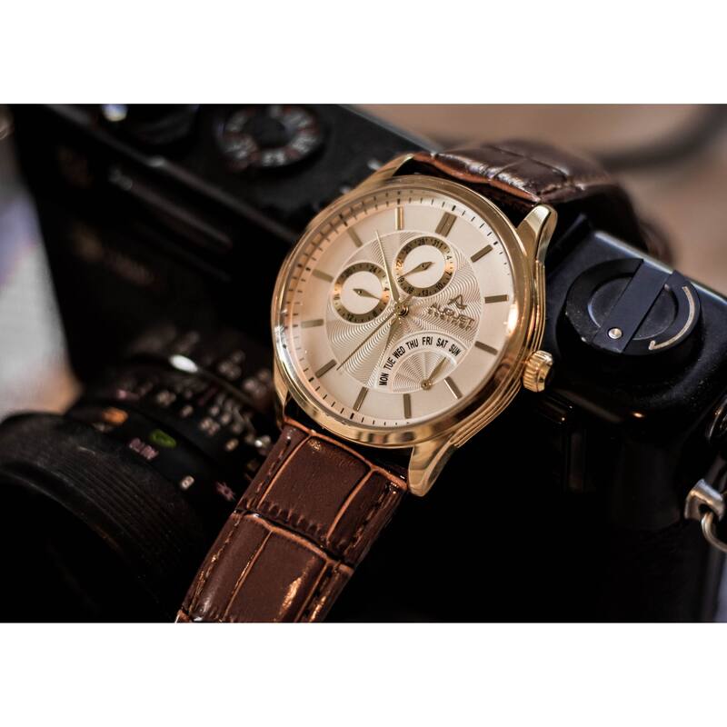 August Steiner Men's Multifunction Dual Time Retrograde Leather Strap Watch