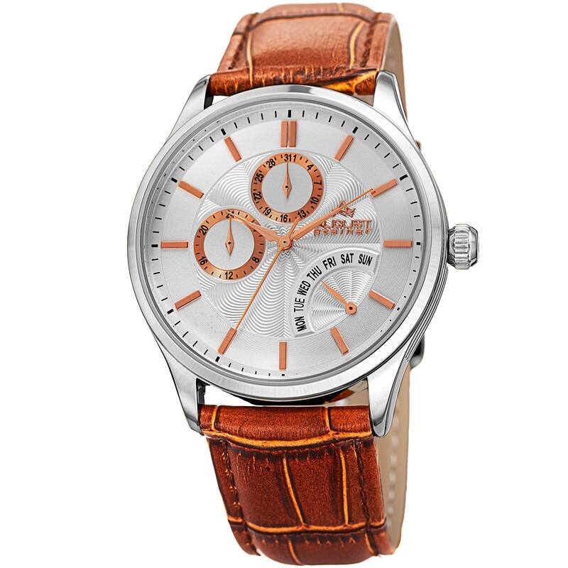 August Steiner Men's Multifunction Dual Time Retrograde Leather Strap Watch