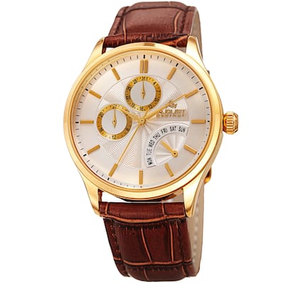 August Steiner Men's Multifunction Dual Time Retrograde Leather Strap Watch