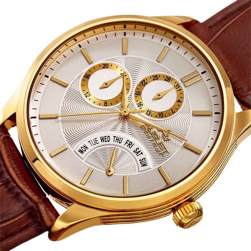 August Steiner Men's Multifunction Dual Time Retrograde Leather Strap Watch