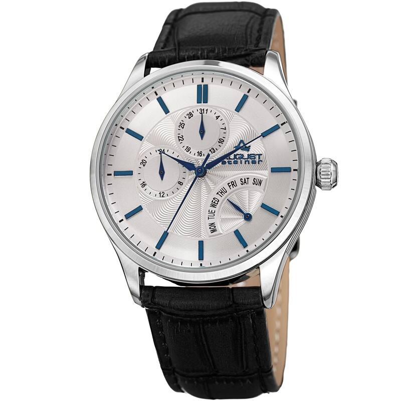August Steiner Men's Multifunction Dual Time Retrograde Leather Strap Watch