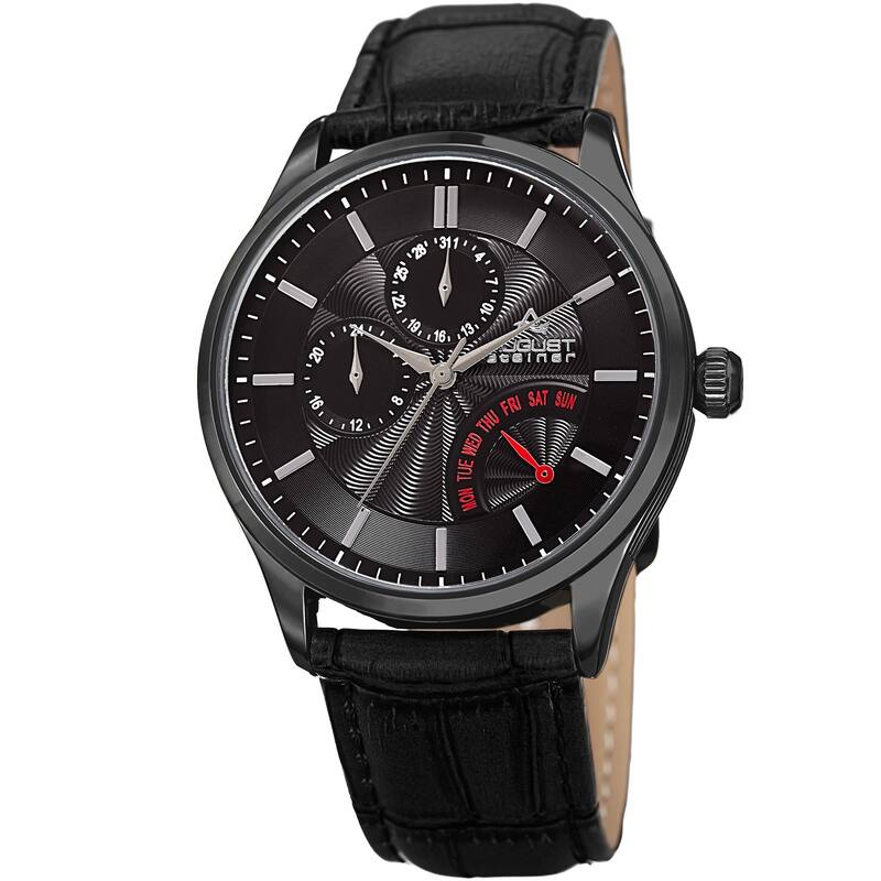 August Steiner Men's Multifunction Dual Time Retrograde Leather Strap Watch