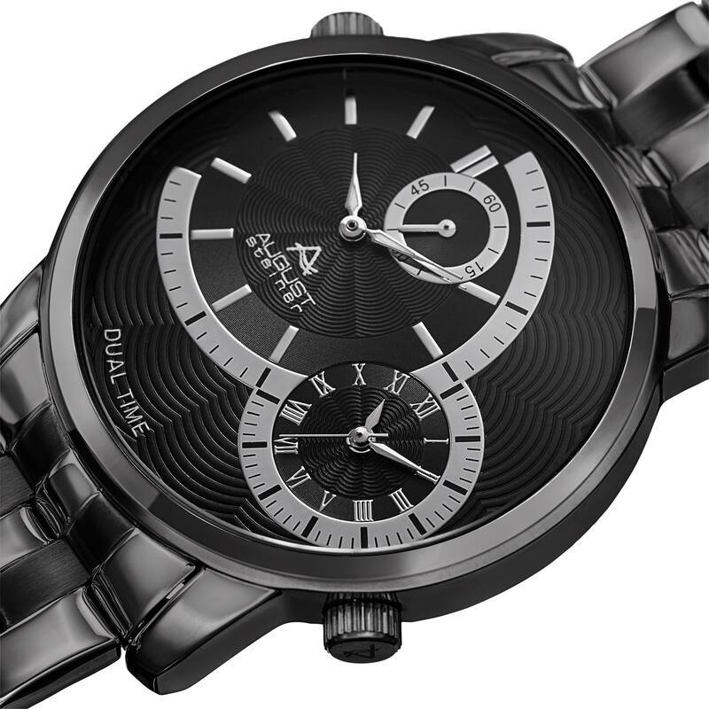 August Steiner Men's Dual Time Easy-to-Read Black Stainless Steel Bracelet Watch