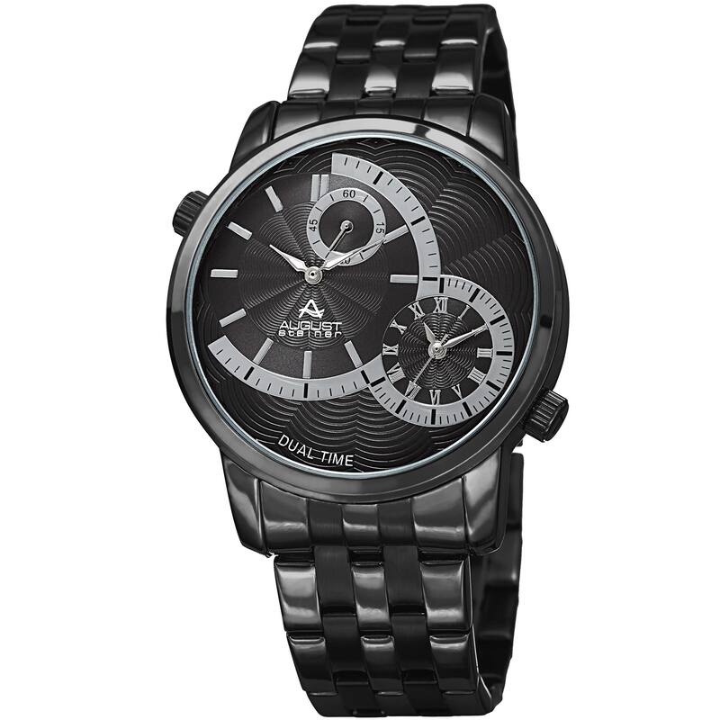 August Steiner Men's Dual Time Easy-to-Read Black Stainless Steel Bracelet Watch