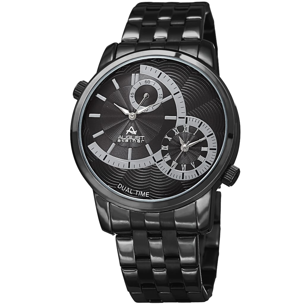 August Steiner Men's Dual Time Easy-to-Read Black Stainless Steel Bracelet Watch