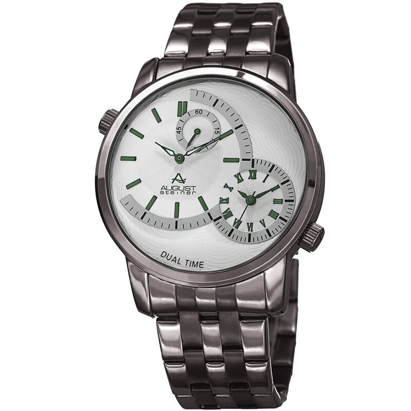 August Steiner Men's Dual Time Easy-to-Read Gun Stainless Steel Bracelet Watch