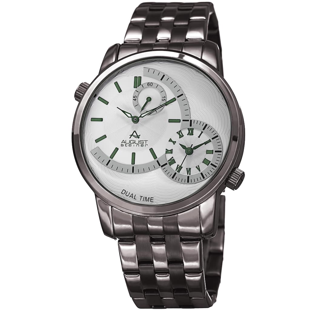 August Steiner Men's Dual Time Easy-to-Read Gun Stainless Steel Bracelet Watch