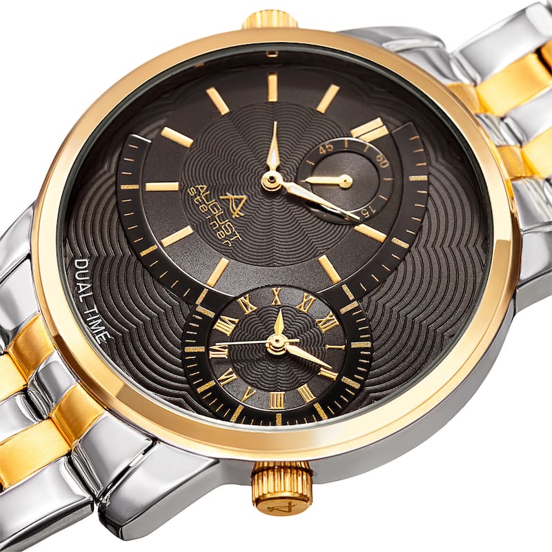 August Steiner Men's Dual Time Easy-to-Read Two-Tone Stainless Steel Bracelet Watch
