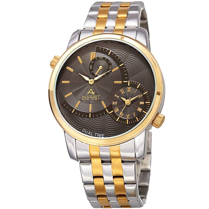 August Steiner Men's Dual Time Easy-to-Read Two-Tone Stainless Steel Bracelet Watch