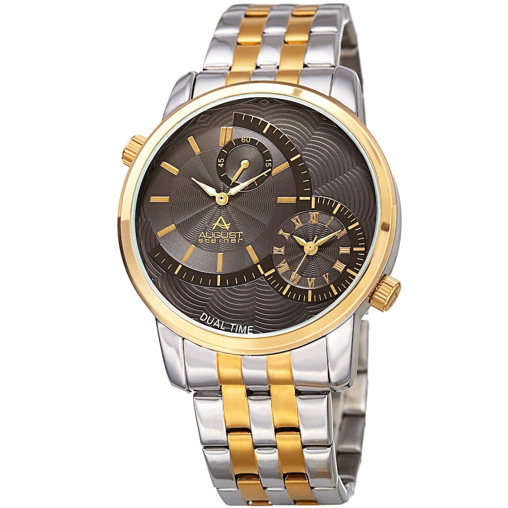 August Steiner Men's Dual Time Easy-to-Read Two-Tone Stainless Steel Bracelet Watch