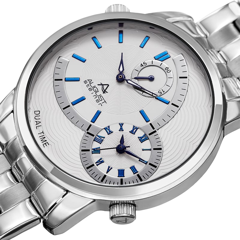 August Steiner Men's Dual Time Easy-to-Read Silver-Tone/ Blue Stainless Steel Bracelet Watch