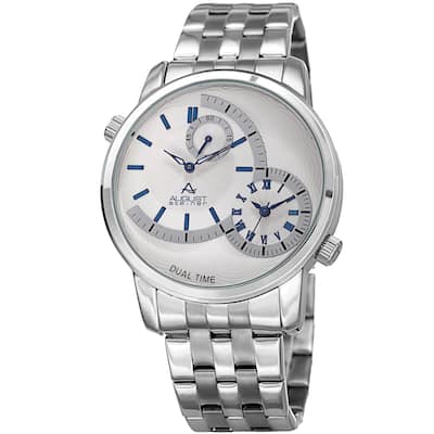 August Steiner Men's Dual Time Easy-to-Read Silver-Tone/ Blue Stainless Steel Bracelet Watch