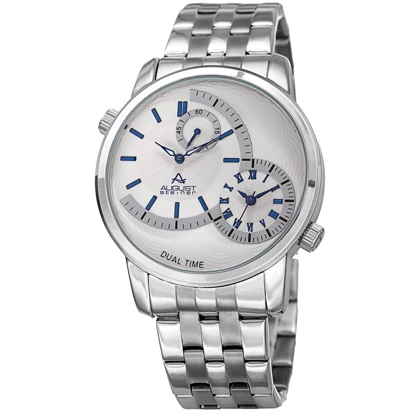 August Steiner Men's Dual Time Easy-to-Read Silver-Tone/ Blue Stainless Steel Bracelet Watch