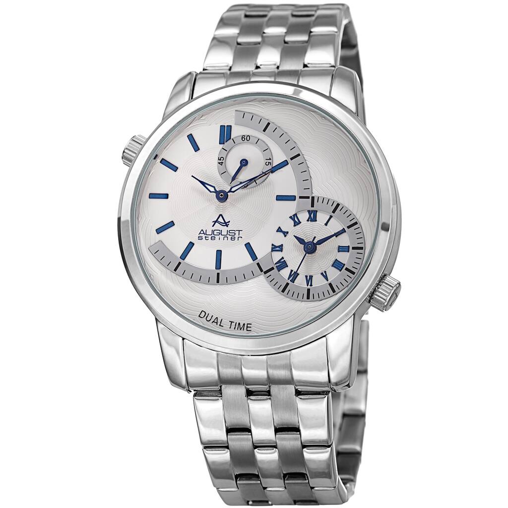 August Steiner Men's Dual Time Easy-to-Read Silver-Tone/ Blue Stainless Steel Bracelet Watch