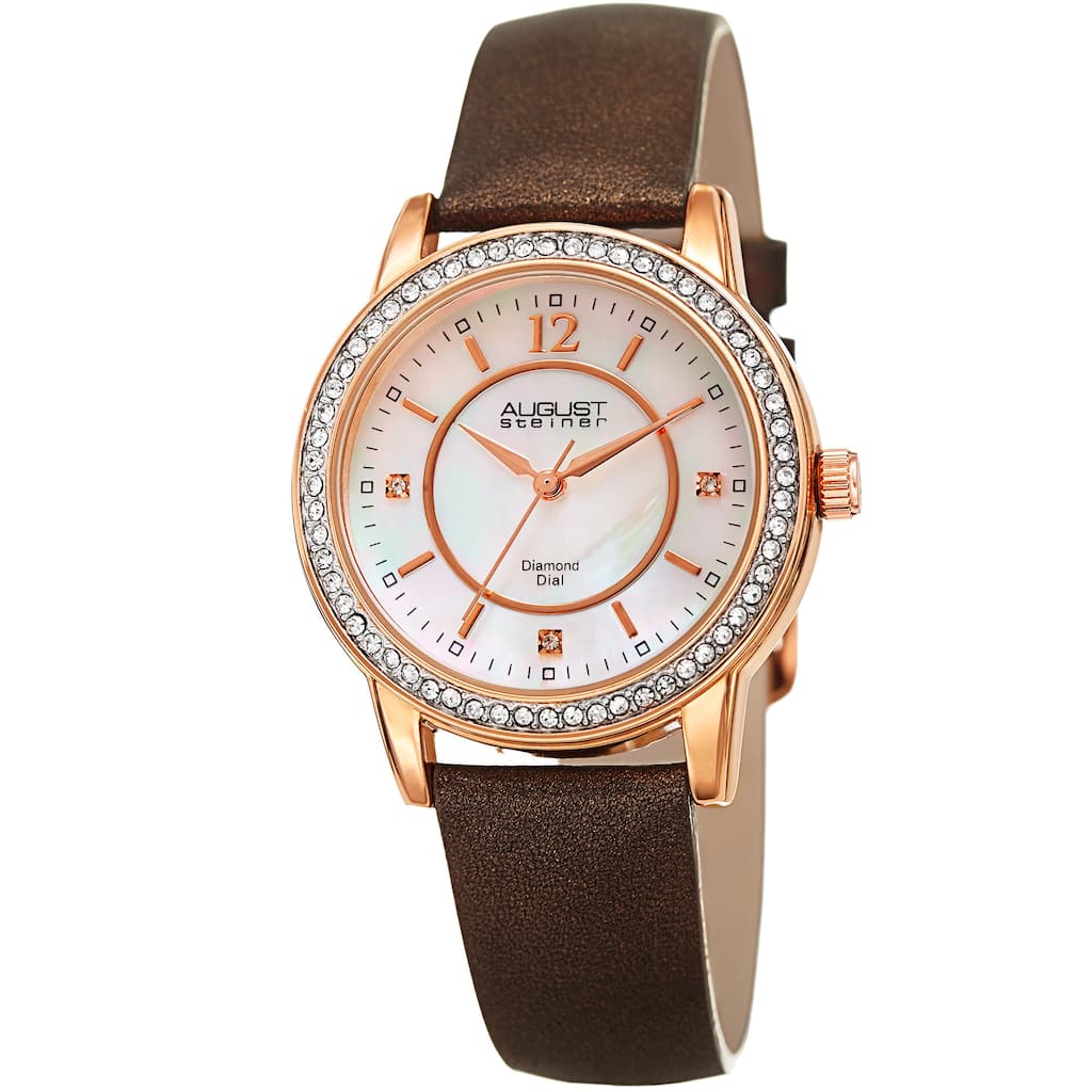August Steiner Women's Diamond Crystal Rose-Tone/ Brown Leather Bracelet Watch