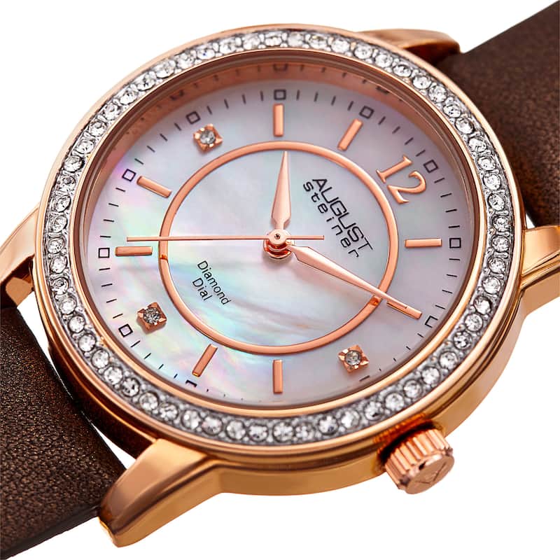 August Steiner Women's Diamond Crystal Rose-Tone/ Brown Leather Bracelet Watch