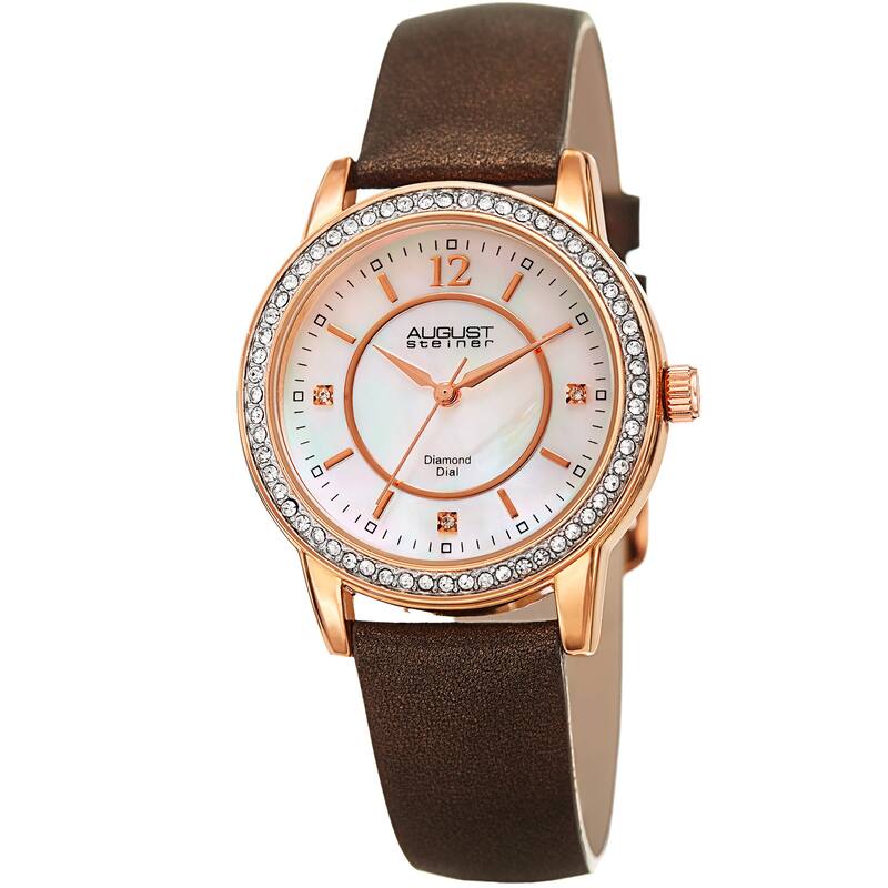 August Steiner Women's Diamond Crystal Rose-Tone/ Brown Leather Bracelet Watch