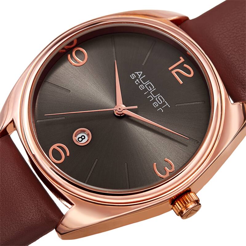 August Steiner Men's Classic Date Leather Rose-Tone/ Brown Strap Watch