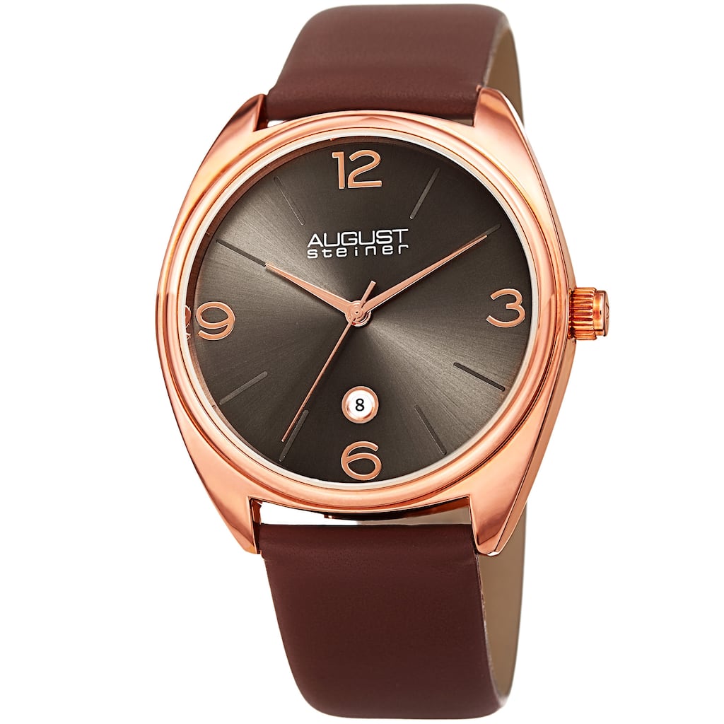 August Steiner Men's Classic Date Leather Rose-Tone/ Brown Strap Watch