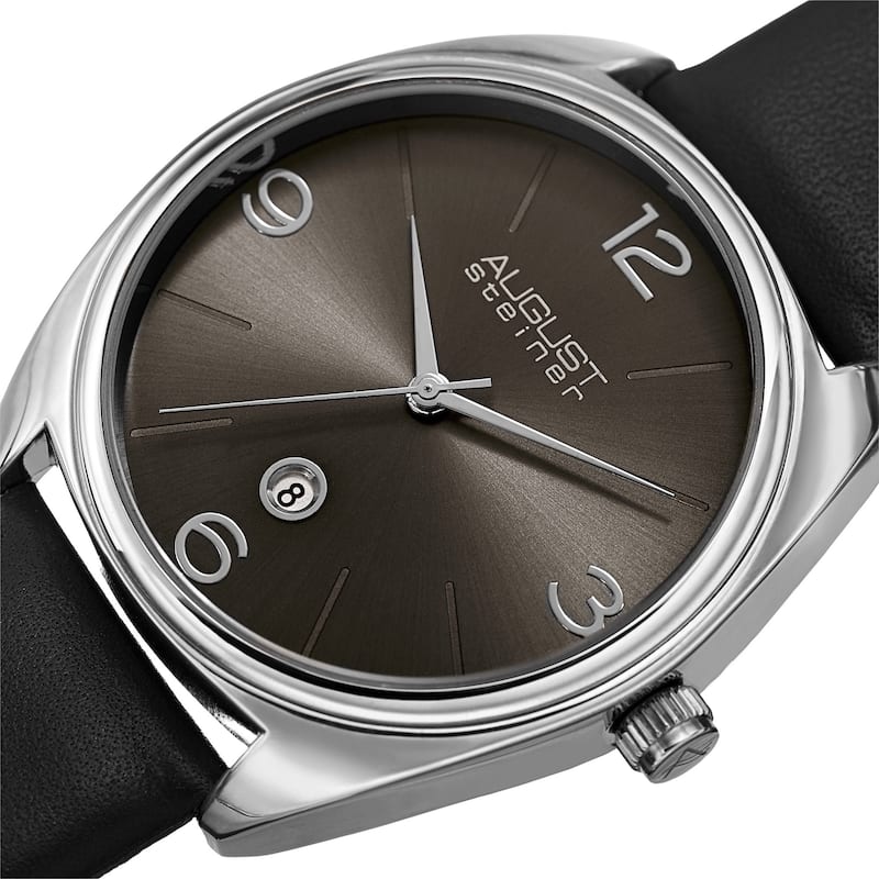 August Steiner Men's Classic Date Leather Silver-Tone/ Black Strap Watch
