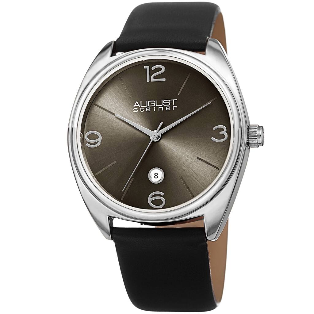 August Steiner Men's Classic Date Leather Silver-Tone/ Black Strap Watch
