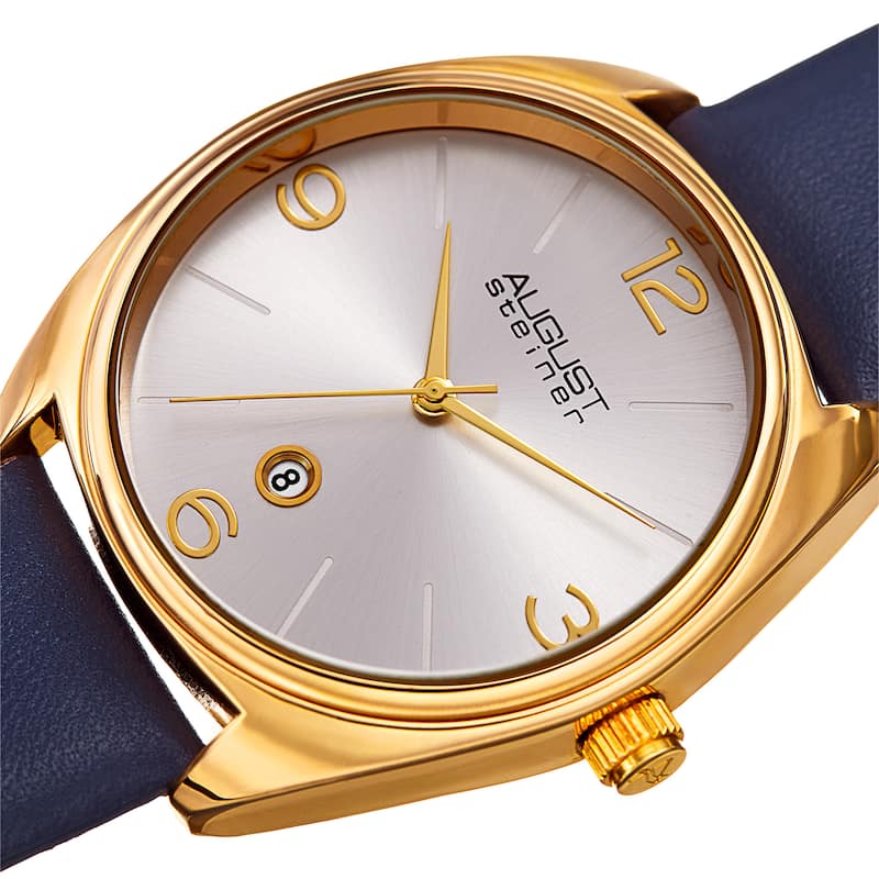 August Steiner Men's Classic Date Leather Gold-Tone/ Blue Strap Watch