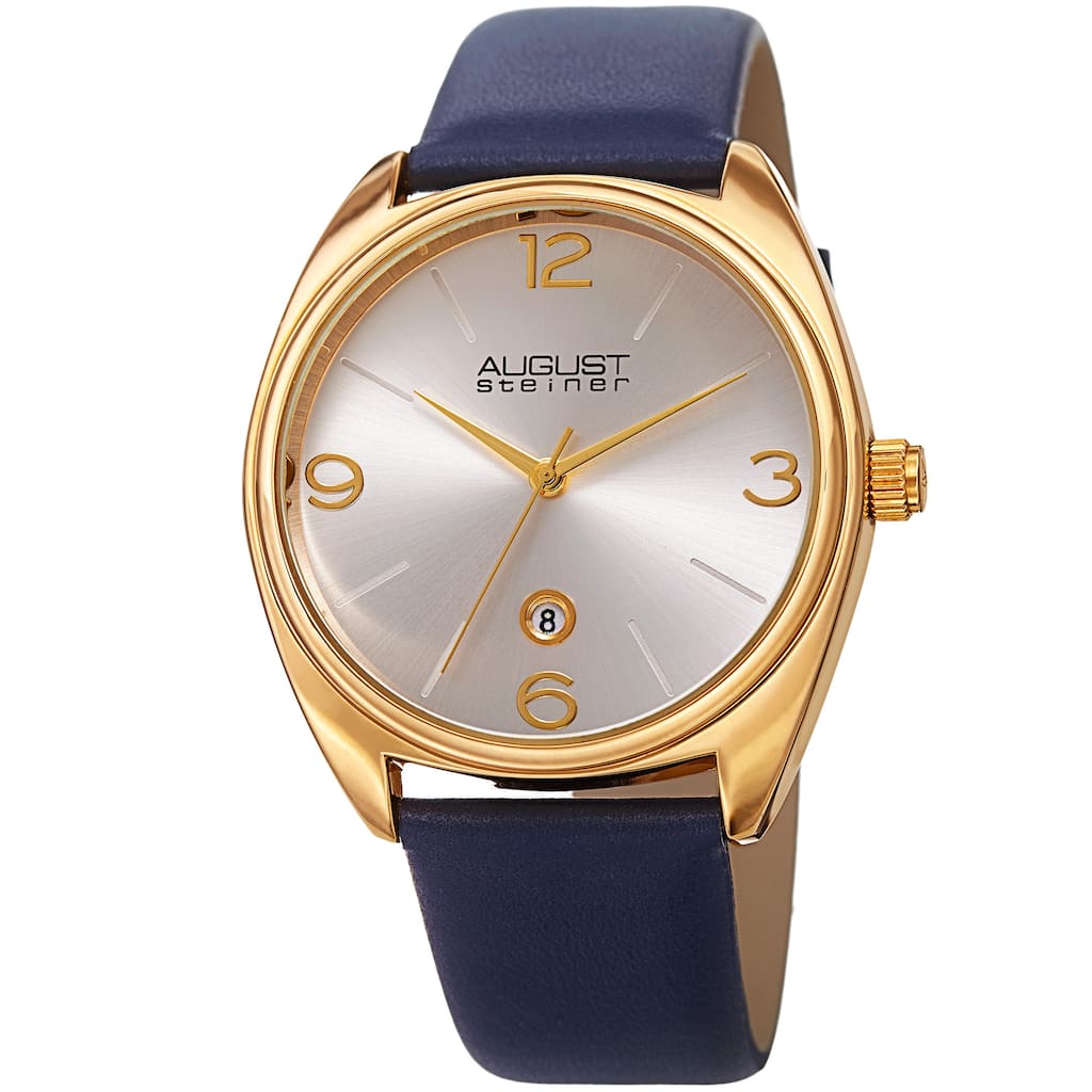 August Steiner Men's Classic Date Leather Gold-Tone/ Blue Strap Watch