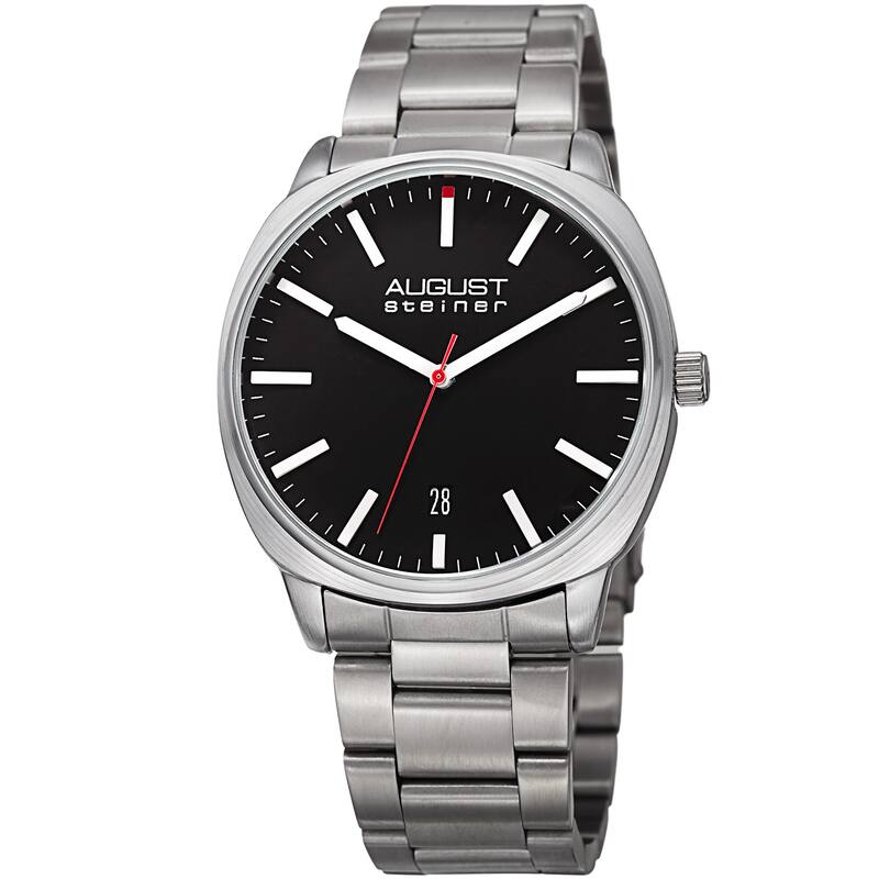 August Steiner Men's Classic Easy-to-Read Stainless Steel Silver-Tone/ Black Bracelet Watch