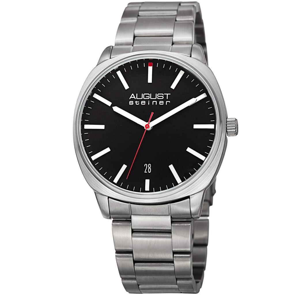 August Steiner Men's Classic Easy-to-Read Stainless Steel Silver-Tone/ Black Bracelet Watch