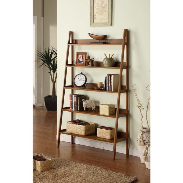 Shop Contemporary Walnut Leaning Ladder 5 Tier Bookcase Free Shipping