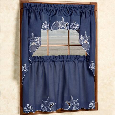 Embroidered Shells Coral and Sea Life Window Curtain Pieces- Tiers, Valance and Swag Pair Options