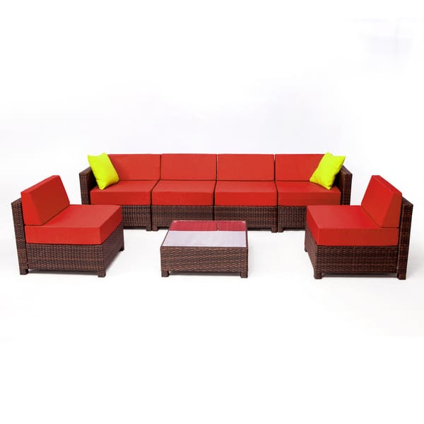 Shop Black Friday Deals On Mcombo 7 Piece Brown Wicker Rattan Patio Sectional Red Overstock 14297706