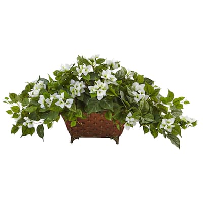 Nearly Natural White Bougainvillea in Metal Planter