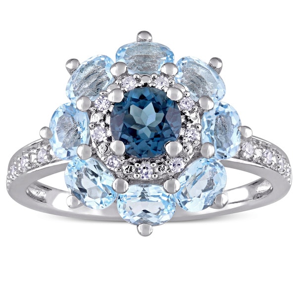 Laura Ashley London and Sky Blue Topaz with 1/10ct TDW Diamond Flower Ring in Sterling Silver (G-H,