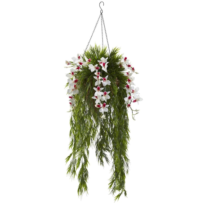 Nearly Natural Faux Bamboo and White Dendrobium Hanging Basket