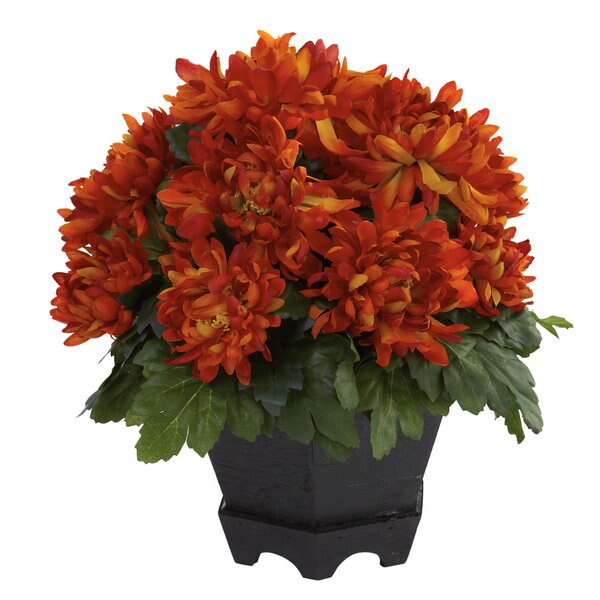 Nearly Natural Orange Mum with Black Hexagon Planter