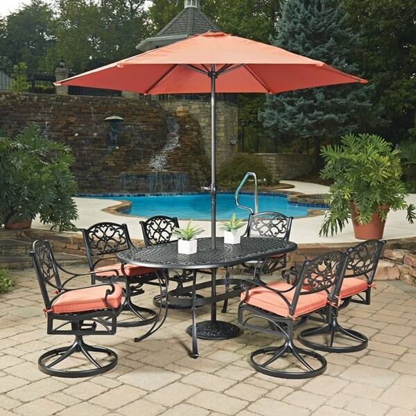 Shop Black Friday Deals On Biscayne Black Oval 9 Pc Outdoor Dining Table 6 Swivel Rocking Chairs With Cushions Umbrella With Base By Home Styles Overstock 14307681