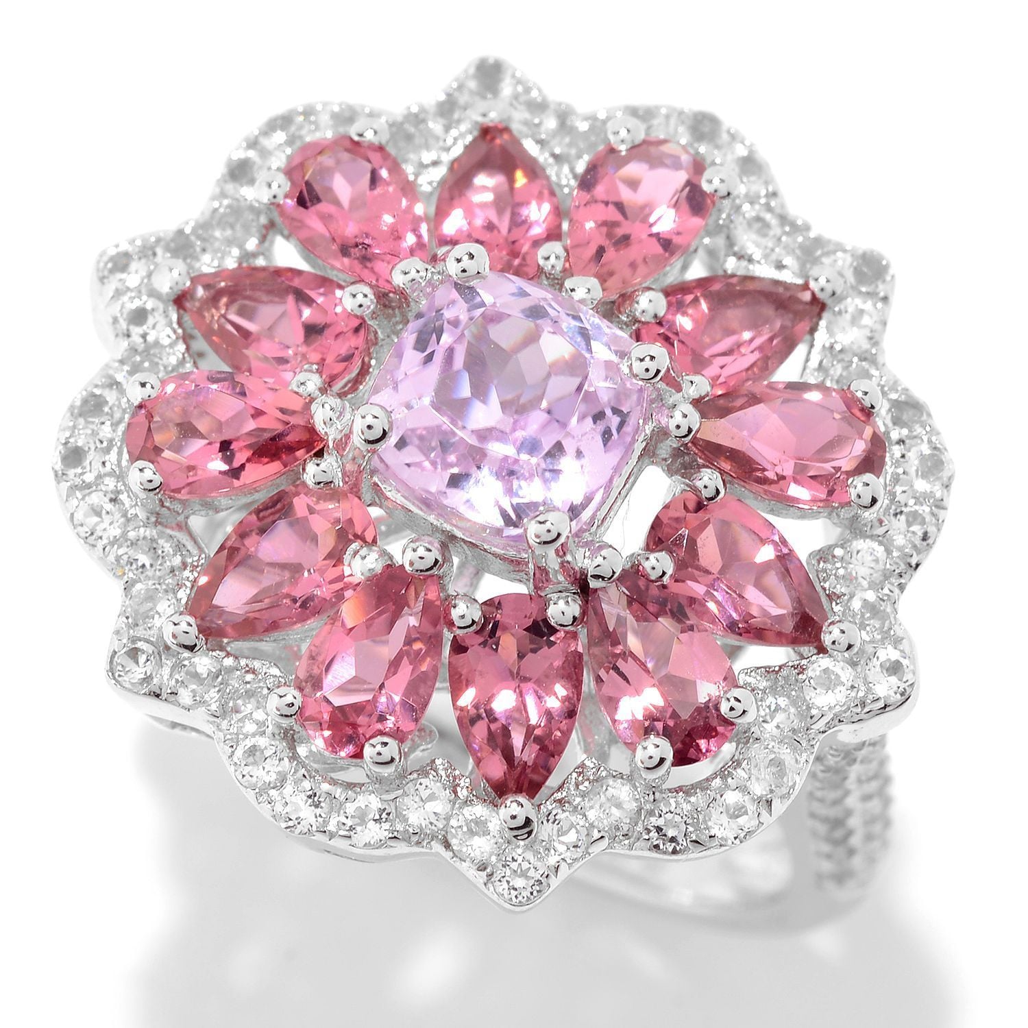 Pinctore Sterling Silver Kunzite, White Topaz, and Toumaline Flower Ring