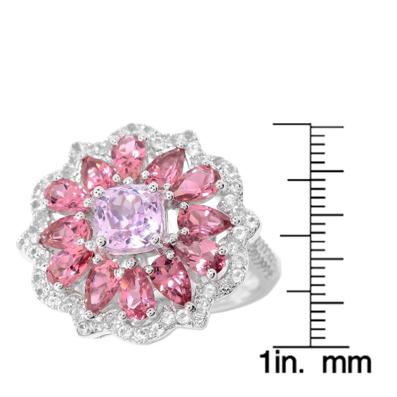 Sterling Silver Kunzite, White Topaz, and Toumaline Flower Ring