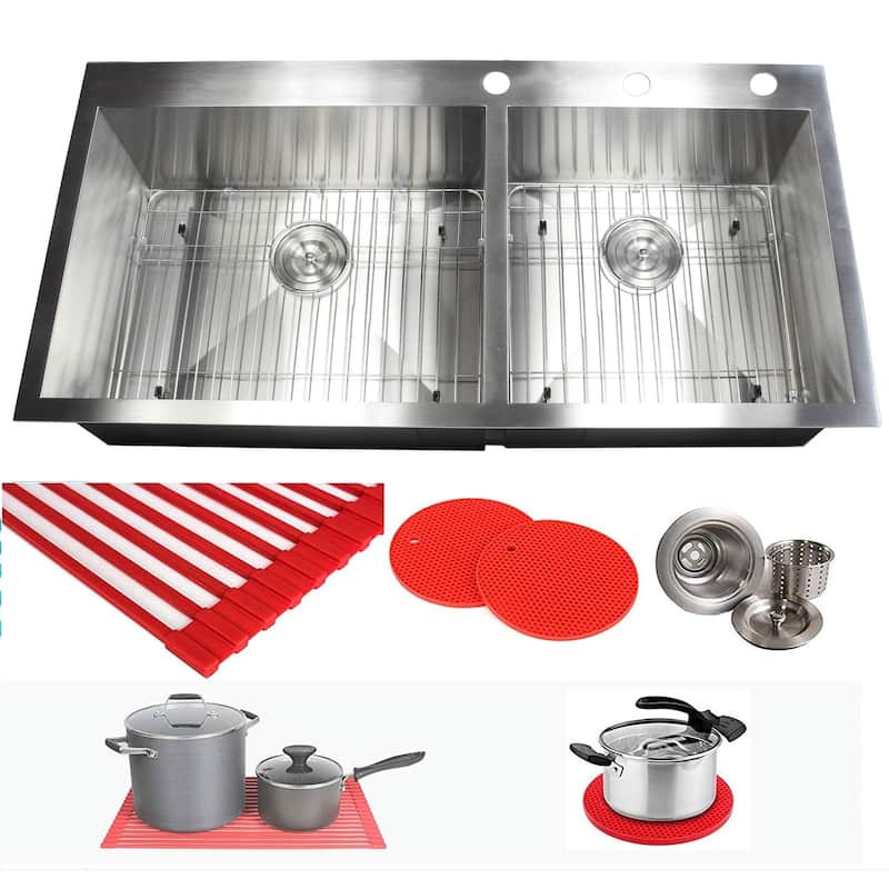 16 Gauge Stainless Steel 43-inch Double Bowl Kitchen Sink with Accessories