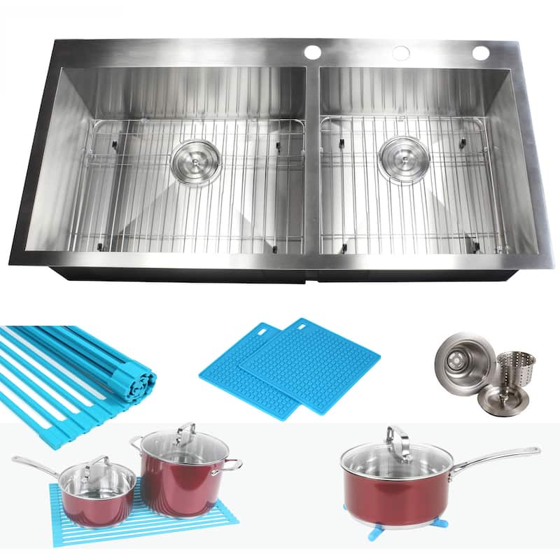 16 Gauge Stainless Steel 43-inch Double Bowl Kitchen Sink with Accessories