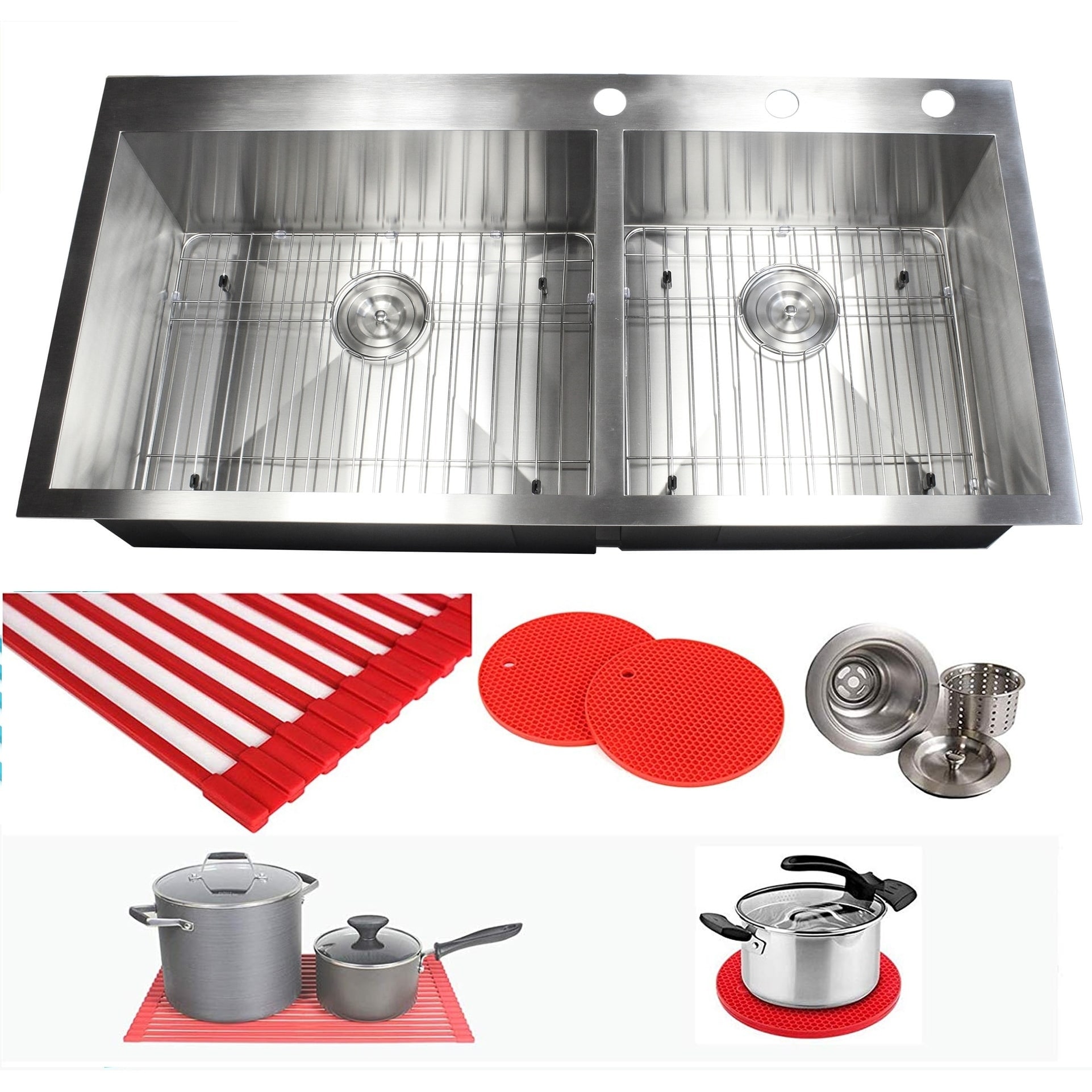 16 Gauge Stainless Steel 43-inch Double Bowl Kitchen Sink with Accessories - Silver