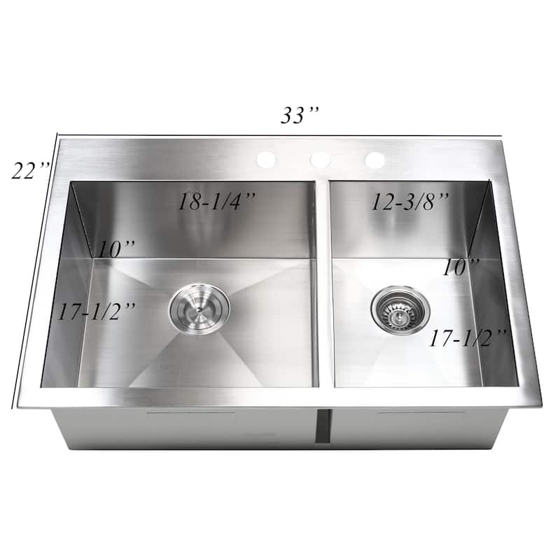 16 Gauge Stainless Steel 33-inch 60/40 Double Bowl Kitchen Sink Combo